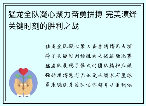猛龙全队凝心聚力奋勇拼搏 完美演绎关键时刻的胜利之战
