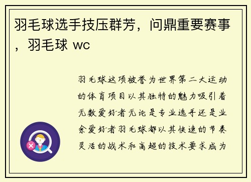 羽毛球选手技压群芳，问鼎重要赛事，羽毛球 wc