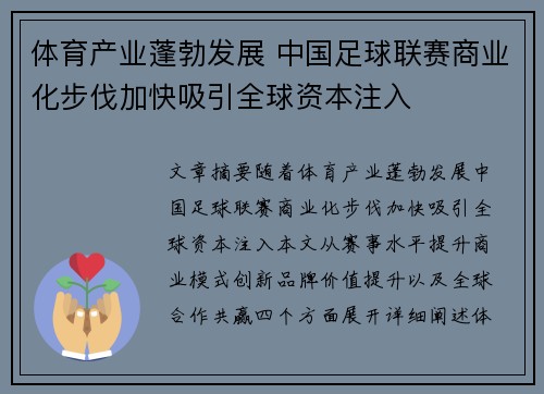 体育产业蓬勃发展 中国足球联赛商业化步伐加快吸引全球资本注入