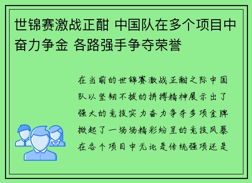 世锦赛激战正酣 中国队在多个项目中奋力争金 各路强手争夺荣誉